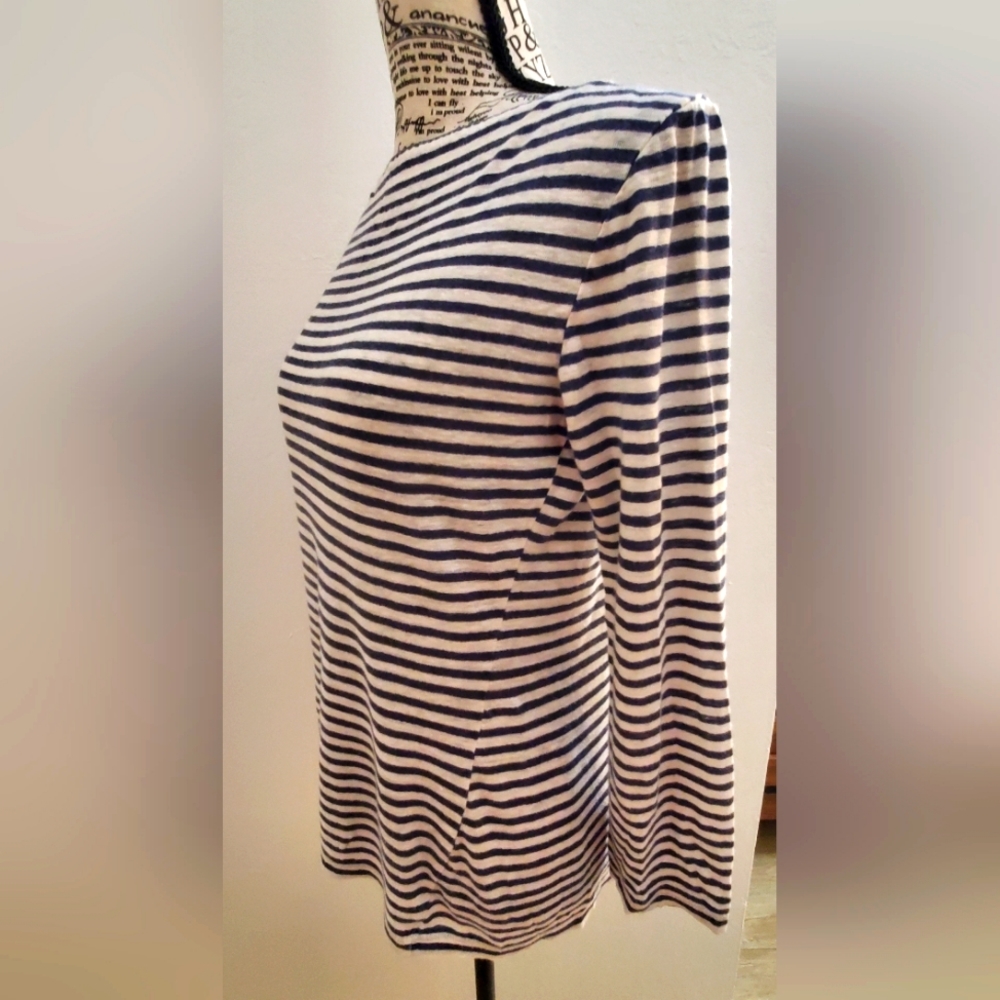 Tory Burch 100% Linen Boatneck 3/4 Sleeve Navy and White Striped Top, Size XS